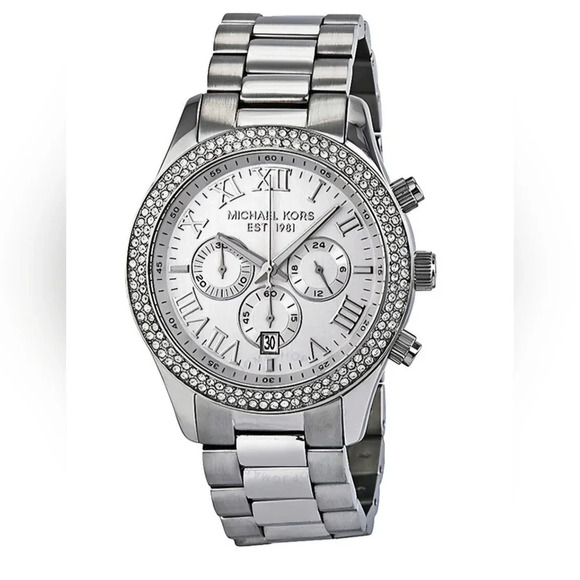 Michael Kors Layton Chronograph Silver Rhinestone Embellished Watch - Picture 1 of 15